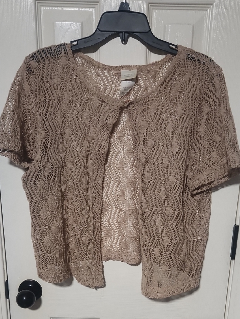 Studio C Taupe Crochet Short-Sleeve Cardigan